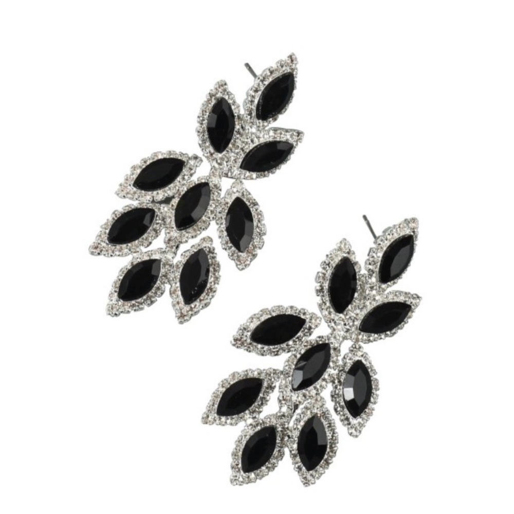 Black Marquise Crystal Chandelier Earrings | Silver Tone Statement Bridal